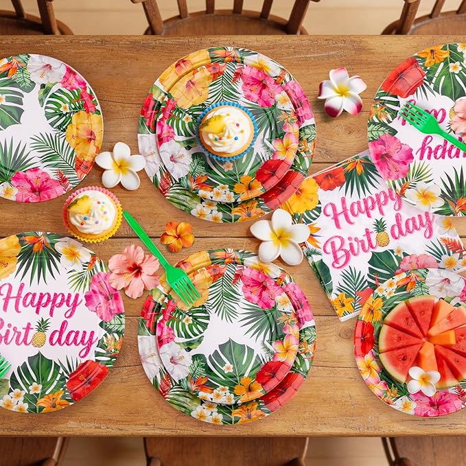Hawaiian Birthday Party Decorations, 99Pcs Aloha Party Plates-Serve 24 With Birthday Banner Tablecloth Napkins Disposable Dinnerware Set for Hawaiian Birthdays Tropical Summer BBQ Party Decorations