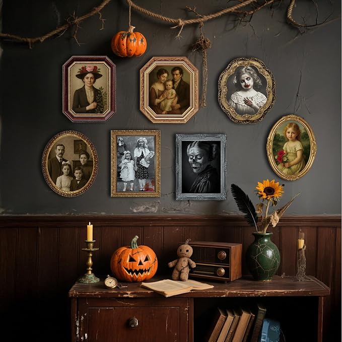 Scary Halloween Party Decoration Indoor Home Wall Decor 3D Changing Face Moving Picture Frame Portrait for Horror Halloween Party Supplies Castle Haunted House Decor(Style D, 12 Pack)