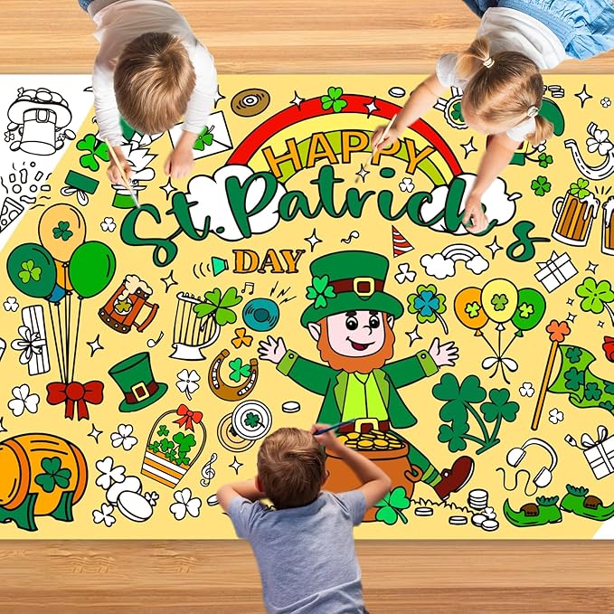 St Patricks Day Giant Coloring Poster for Kids,30x72Inch St Patricks Day Crafts Drawing Paper Coloring Tablecloth DIY Art Crafts Mat for Kids Party Clover Themed Activity Home Classroom Party Suppiles