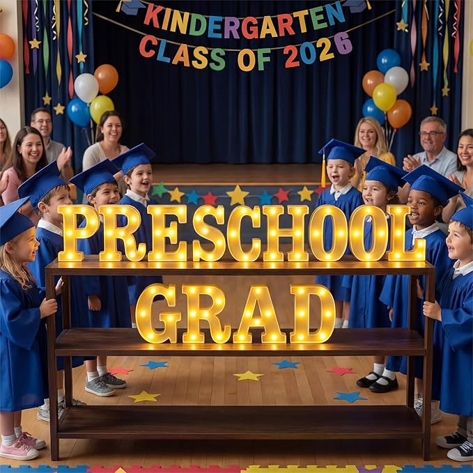 Honoson 13 Pcs Preschool Graduation Decorations Preschool Grad Letter LED Lights Sign Neon Lights Table Decoration for Kindergarten Graduation Party Supplies 2026