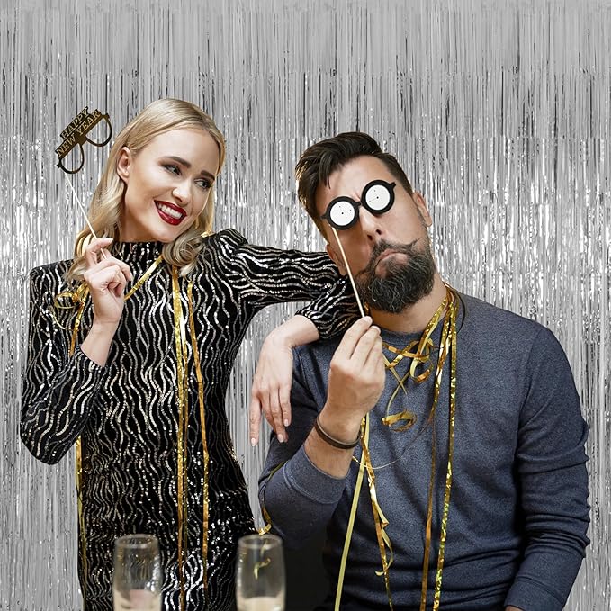 Silver Tinsel Fringe Backdrop Curtains for Parties, Melsan 3.2 x 8 ft Foil Streamer Disco Party Decorations Photo Booth for Birthday, Engagement, Pack of 2