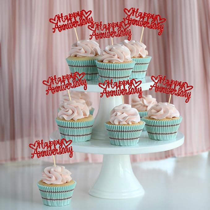 Gyufise 24Pcs Glitter Happy Anniversary Cupcake Toppers Anniversary Party Supplies Cake Decoration Wedding Celebration Party Decoration Supplies Red