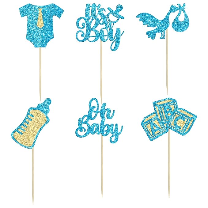 Gyufise 24Pcs Baby Shower Oh Baby Cupcake Toppers It's a Boy Cupcake Picks Glitter Tie Onesie Baby Bottle Cake Picks Decorations for Gender Reveal Baby Shower Boys Birthday Party Supplies Blue