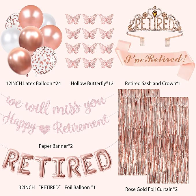 Holkcog Happy Retirement & We Will Miss You Party Decorations, Rose Gold Retirement Decor for Coworker, Retired Crown and Sash, Banner, Balloons, Farewell Party Set, Office Retired Party Supply