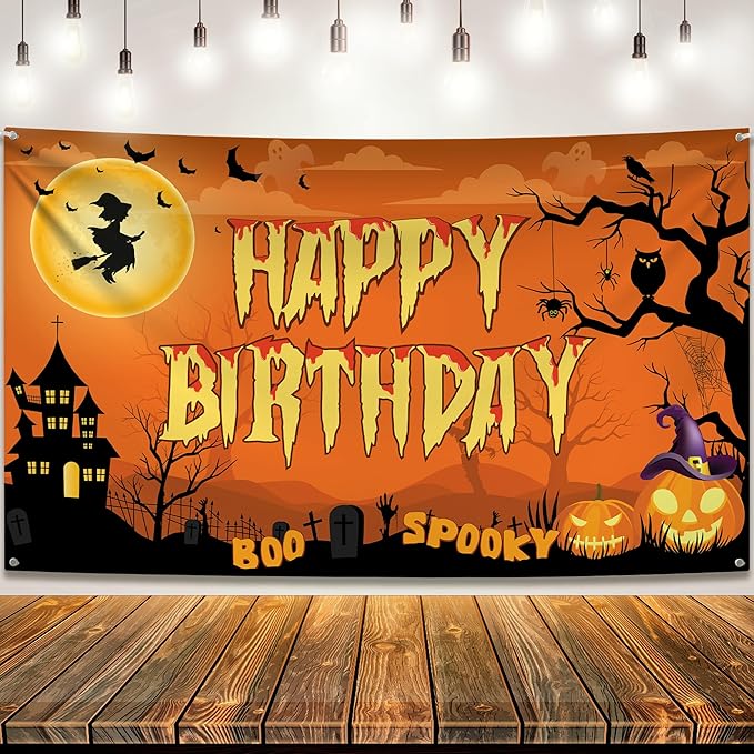 KatchOn, Halloween Happy Birthday Banner - XtraLarge, 72x44 Inch | Spooky Halloween Banner for halloween Birthday Party Decorations | Happy Birthday Backdrop, birthday Decorations Indoor