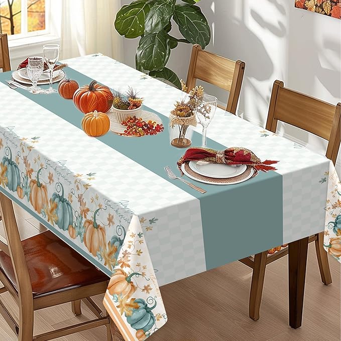 Childom 2 Pack Thanksgiving Tablecloths,Thanksgiving Decorations 54" x 108" Disposable Plastic Tablecloths,Blue Pumpkin Maple Table Covers for Rectangular Table,Home,Dinner,Party,Outdoor Picnic