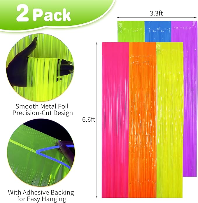 Glow in The Dark Tinsel Curtains 2 Pack - 3.3x6.6ft UV Reactive ‌Fluorescent Party Backdrop for Neon, Birthday, Pride Decorations, Pre-Taped, Lightweight Waterproof