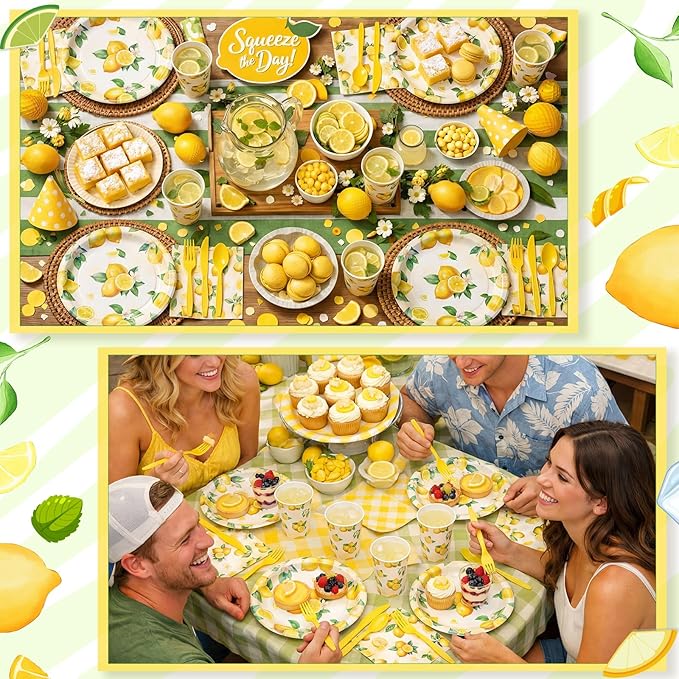 Honeydak 210 Pcs Lemon Party Decorations Summer Lemon Birthday Party Supplies Plates Napkins and Forks Tableware for Yellow Baby Shower Bridal Shower