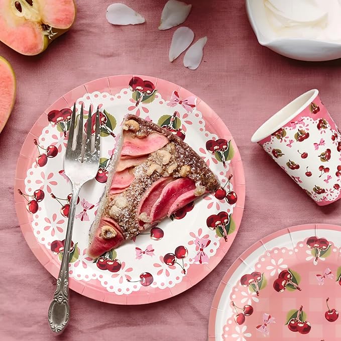 80pcs Cherry Party Plates Disposable Tableware Set Red Paper Plates for 20 Guests Kids Party Picnic Wedding Tea Party Table Supplies (Include Plates, Cups and Napkins)