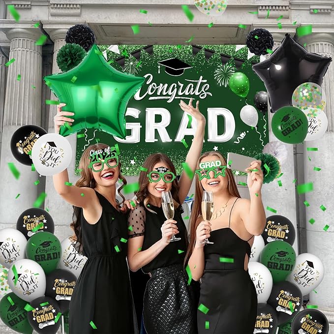 Green Black Graduation Decorations 2025 - Graduation Latex Balloons with Congrats GRAD Backdrop Banner, 2025 Number Balloons, Paper Pom Poms for College Celebrations Graduations Party Supplies