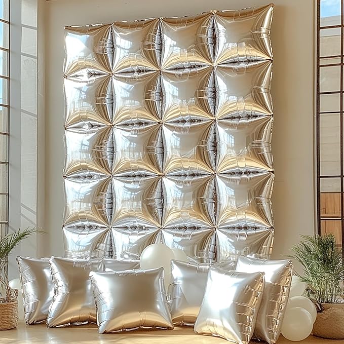 NISOCY 36PCS Metallic Silver Square Foil Balloons Wall Backdrop Chrome Silver Balloons Tunnel Garland Arch Kit for New Year Anniversary Bachelorette Birthday Engagement Bridal Shower Party Decorations