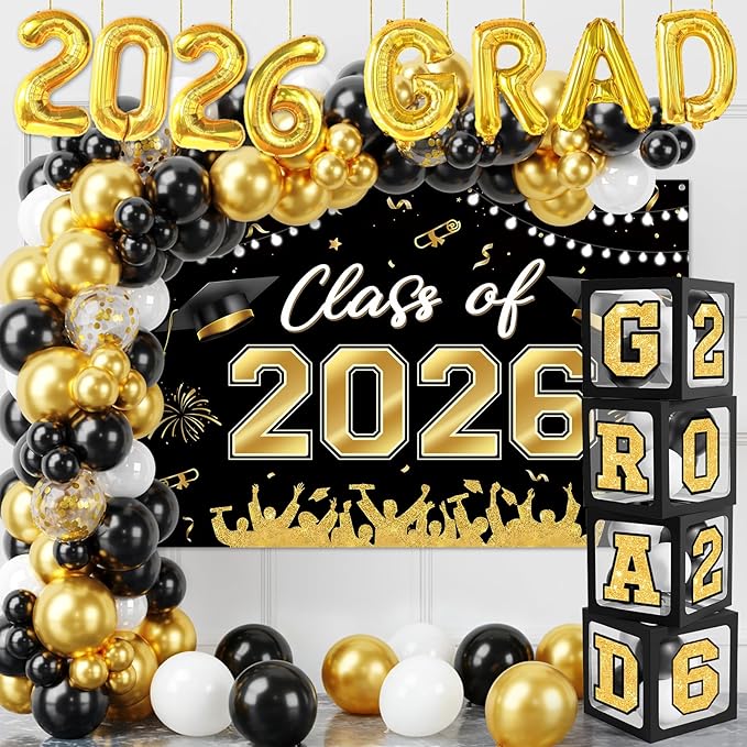 Graduation Decorations Class of 2026-123pcs Black Gold Graduation Party Decorations include Balloon Boxes with Letters, Balloon Arch Kit and Backdrop for 2026 Grad Party Supplies