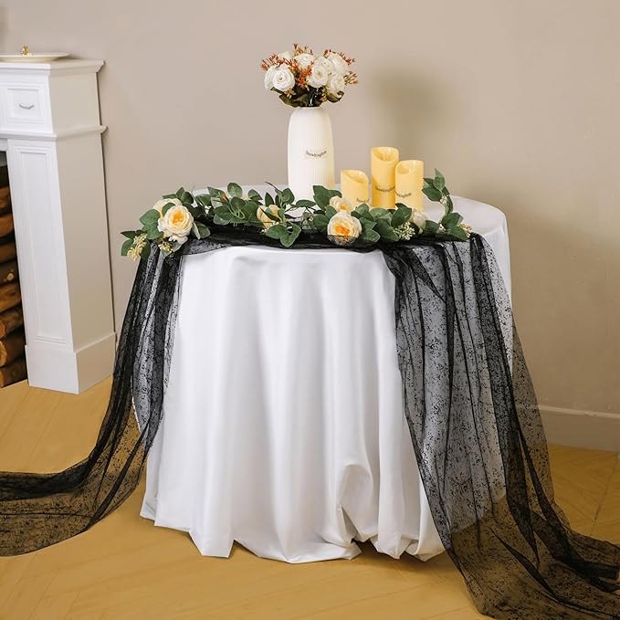 Snowkingdom Black Table Runner, 10FT Sheer Tulle Gauze Metallic Mesh Foil Table Decoration for Halloween, Thanksgiving, Party, and Christmas, Bridal, Baby Shower