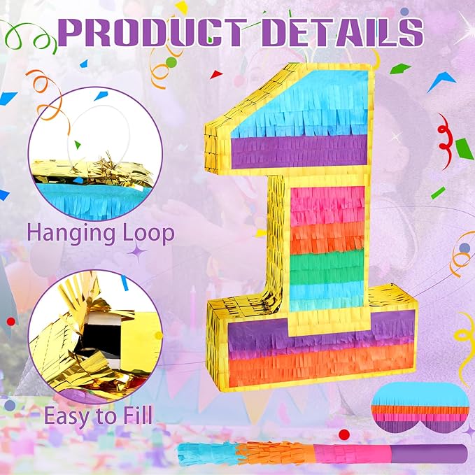 Rainbow Number 1 Pinata Birthday Decorations for Kids, Rainbow Pinata with Bat Stick Blindfold for Boys Girls Birthday Celebrations Baby Shower Party Supplies (16.1x10.6x2.9 Inches)