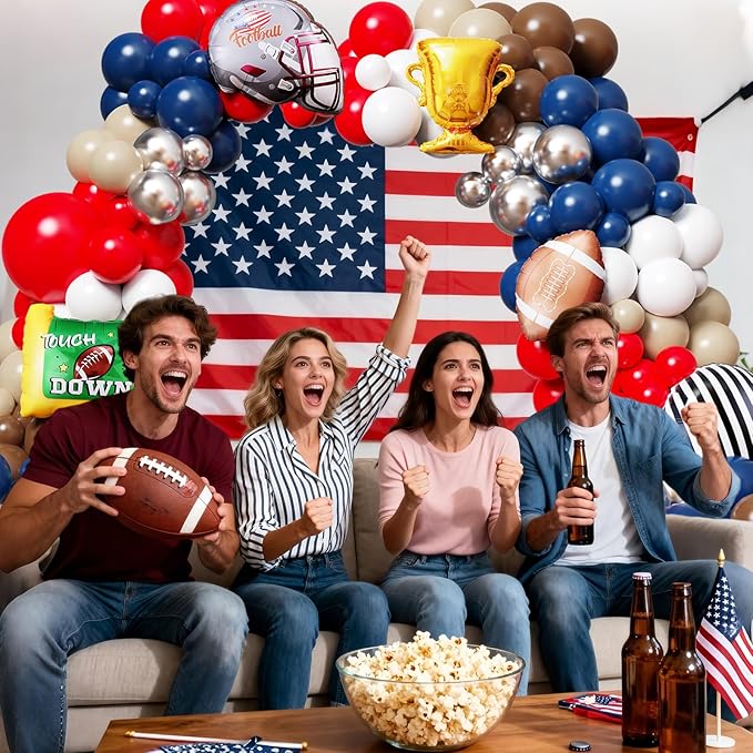 Football Balloon Arch Kit,140Pcs Red Navy Blue Silver Balloon Garland with Football,Helmet,Field Goal Post,Trophy Foil Balloons for Sports Rugby Birthday Big Game Touch Down Tailgate Party Decoration