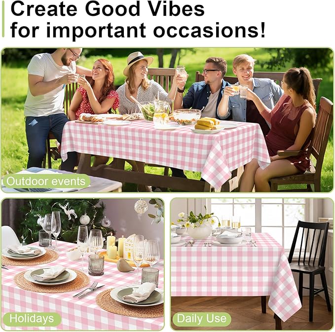 QIKSION Pink Gingham Tablecloth Disposable 3 Pack, 54 x 108 Inch Pink and White Checkered Table Cloth for Baby Shower, Easter, Mothers Day Decorations, Birthday Party, Rectangle, Plastic Table Cover