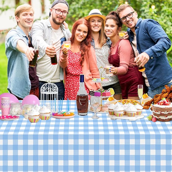 4 Pcs Light Blue Checkered Tablecloth Rectangular Pale Blue and White Gingham Tablecloths Disposable Plastic Plaid Table Cover for Parties, Outdoor Picnic, Birthday, Wedding, Camping 54 × 108 Inch