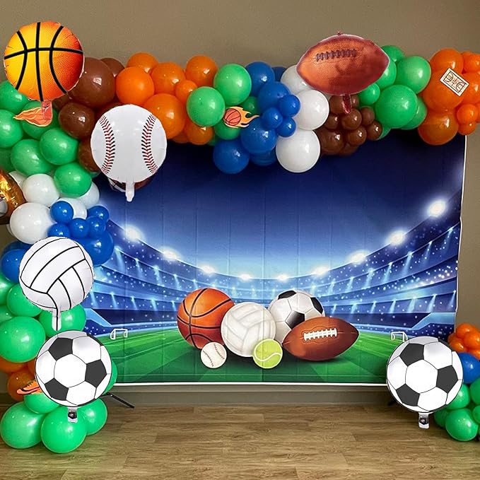Sports Balloon Arch Garland Kit, 115Pcs Sports Party Baseball Soccer Basketball Football Helium Balloons Blue Green Orange Sport Latex Balloon for Boys Sport Themed Birthday Party Decorations Supplies