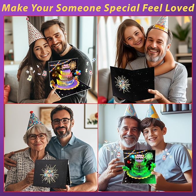 GREETING ART 3D Pop Up Firework Birthday Cards, Musical & LED Lights Birthday Cards with Birthday Cake, Happy Birthday Card Postcards Greeting Cards for Women, Men, Kids