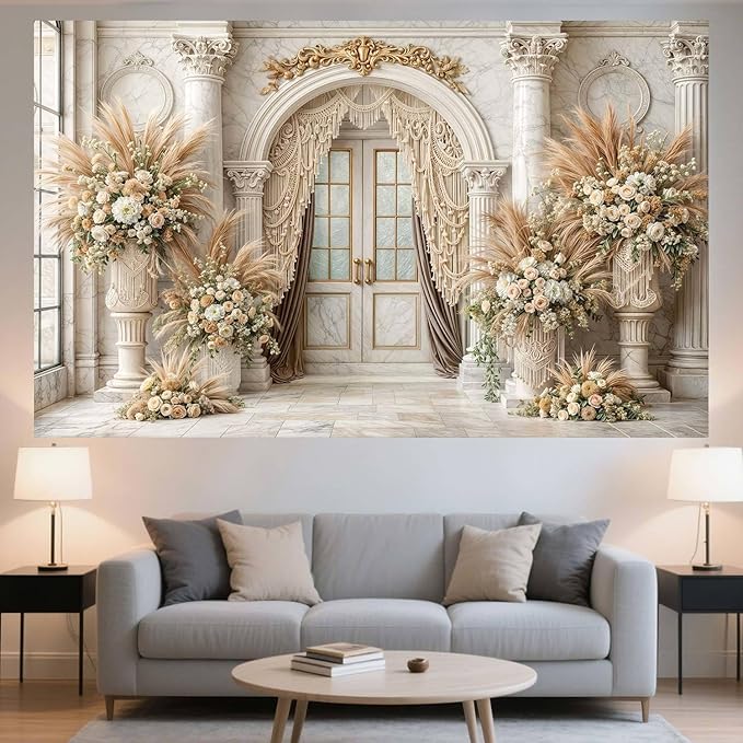 8X6ft European Retro Palace Backdrop Elegant Boho Flowers Photography Background Luxurious Dreamlike Wedding Bridal Shower Party Decoration Supplies Cake Table Photo Booth Studio Props