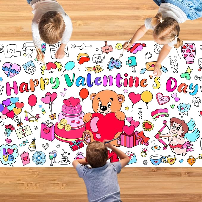 Valentine's Day Giant Coloring Poster,30x72 Inch Drawing Paper oloring Table Cloth,DIY Valentines Day Jumbo Activity Tablecloth Coloring Banner for Kids Art Home School Party Games Suppiles
