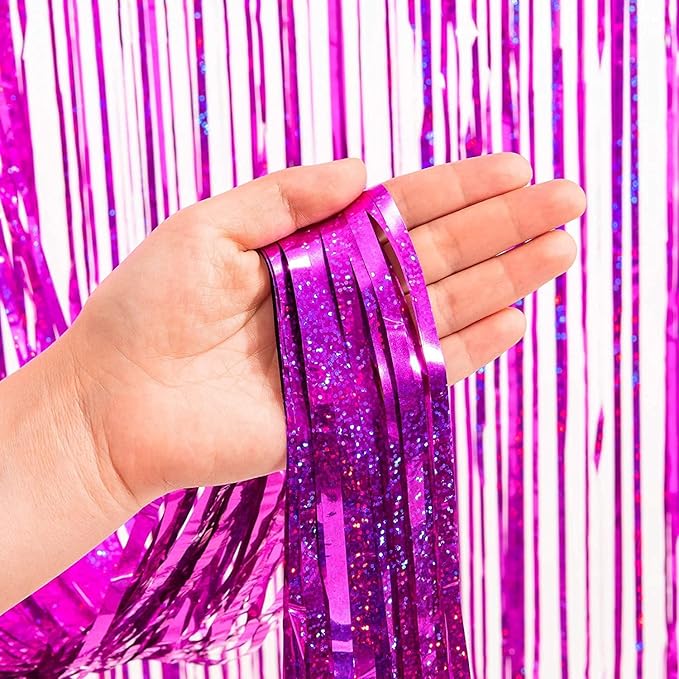 BRAVESHINE Hot Pink Tinsel Foil Fringe Curtains - 2Pcs 3.2x8.2ft Metallic Party Streamers Backdrop for Valentines Girl Birthdays Bridal Shower Bachelorette Engagement Hawaiian Luau Party Decorations