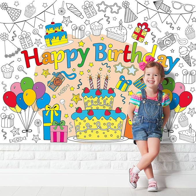 ZOIIWA Happy Birthday Coloring Poster for Kids Giant Coloring Sheet Classroom Large Big Birthday Tablecloth for Wall Jumbo Page Books Party Game Crafts Activity Supplies Decoration Favor