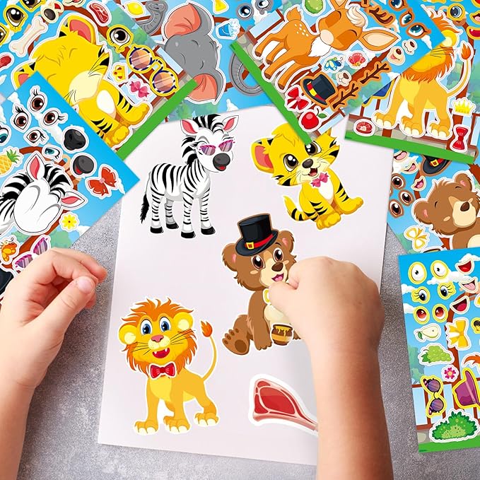 24 Sheets Safari Animals Make a Face Sticker Sheets for Kids Todders Activities, Make Your Own Stickers for Kids Birthday Party Favor Supplies Craft