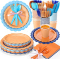 350 Pcs Blue Orange Plates and Napkins, 50 Guest Blue Dog Party Supplies Include Scalloped Paper Plates Napkins Cups Plastic Spoons Forks Knives Disposable Tableware Set for Dart Birthday Party