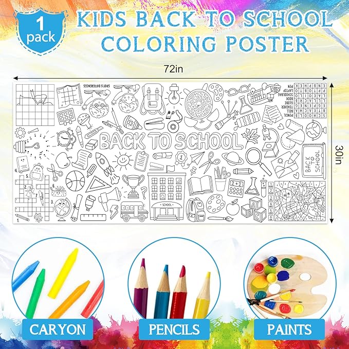 Back to School Large Coloring Poster for Kids 30 x 72 Inch, Giant Coloring Paper Tablecloth Decorations, Color-in Activities Games for Classroom Supplies Must Haves