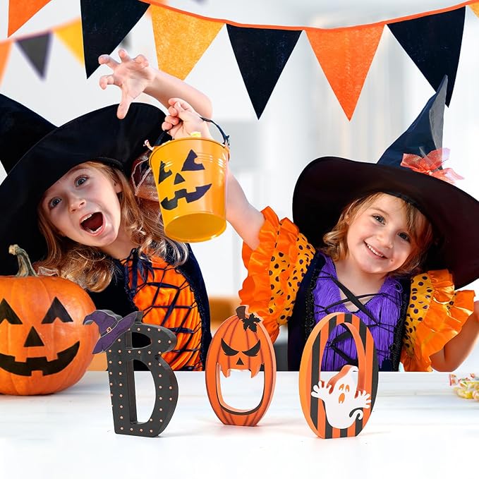 COCHIE BOO Signs Halloween Table Decorations Indoor, Retro Halloween Black Orange Tiered Tray Decor Set of 3, Wooden Happy BOO Day Decoration Sign for Party Home Shelf Display (Ghost)