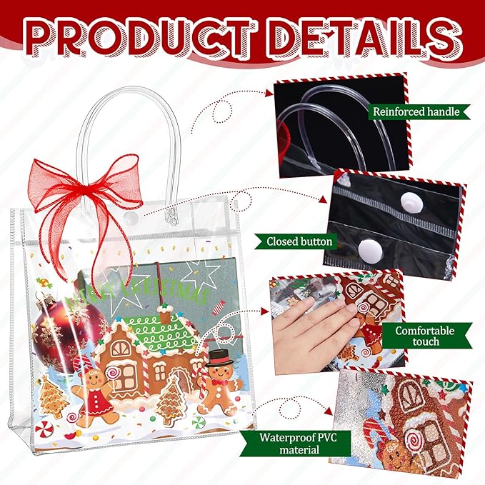Henoyso 24 Pcs Christmas Village Clear Gift Bags Plastic Candy Treat Goodie Bags Gingerbread Santa PVC Wrap Totes with Handles and Ribbon Xmas Party Favors, 7.8 x 7.8 x 3.1 Inch