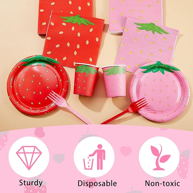 200 Pieces Strawberry Party Tableware Set Strawberry Plates Napkins Forks Cups Party Supplies Sweet Red Pink Baby Shower Birthday Decoration for Guests