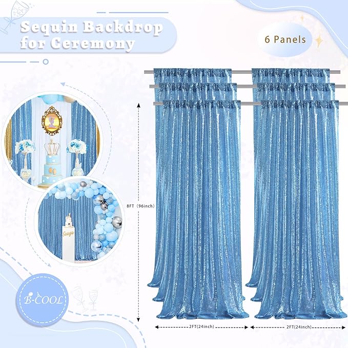 B-COOL Party Sequin Curtain Backdrop: 6 Panels 2ftx8ft Curtain Drapes Glitter Background for Bridal Shower Baby Shower Christmas Parties Decorations Baby Blue