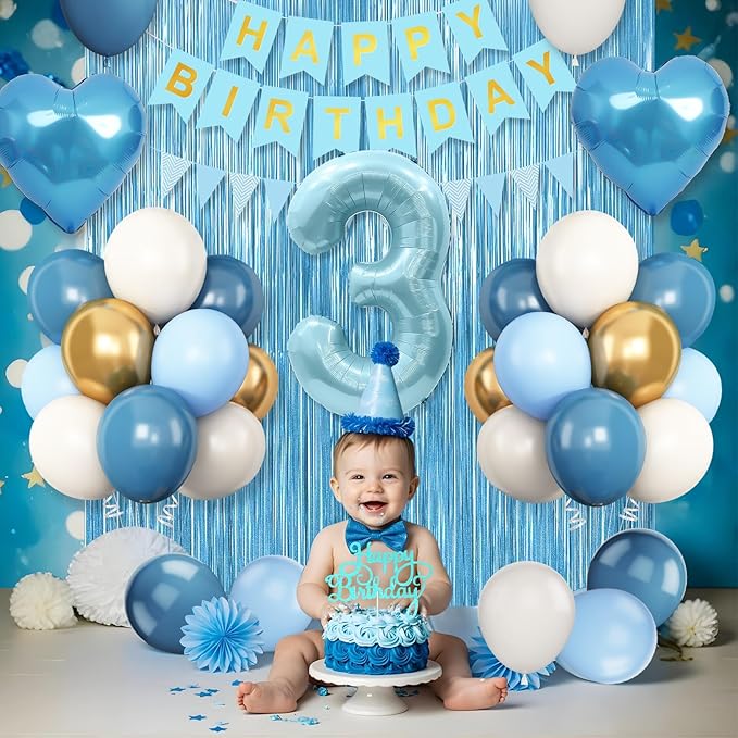 3rd Birthday Decorations Blue White Gold,3rd Birthday Balloons with Happy Birthday Banner Fringe Curtain Heart Foil Balloons for Boys Girls 3 Year Old Birthday Decor