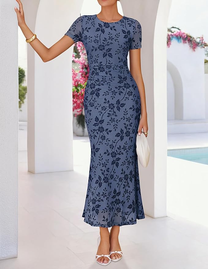 ZESICA Women's Summer Floral Bodycon Long Dress 2026 Ruched Mesh Formal Cocktail Party Wedding Guest Maxi Dresses