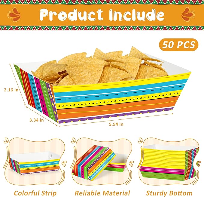 50 Pcs Mexican Taco Food Trays, Disposable Cinco De Mayo Paper Tray Fiesta Theme Party Decorations, Colorful Mexican Stripe Design Kitchen Decor Fiesta Ware Dinnerware for Mayo Party Supplies