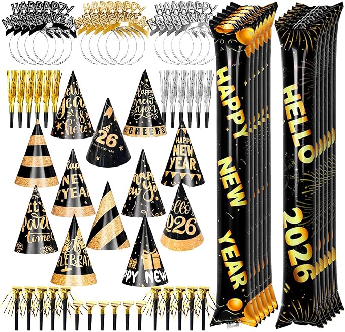 New Years Eve Party Supplies 2026 64PCS Happy New Years Decoration Hats Headband for 2026 Party Props Festival Decorations Count Down NYE Party Supplies Favors (Black-1)