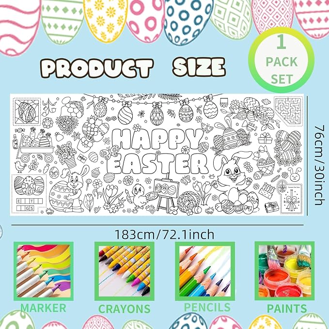 Easter Giant Coloring Poster/Tablecloth, Crafts for Kids, 30 x 72 Inches Jumbo Coloring Banner, Versatile Paper Table Cover for Easter Party Favors, Wall Decoration