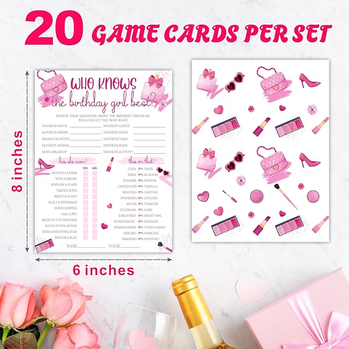 6"X8" Who Knows The Birthday Girl Best - Watercolor Girl's Accessories - Funny Double-Sided 3-in-1 Game Card Set For Girls Birthday Party, Sleepover Party Activities, Favor & Supplies (20 Pcs)- A07
