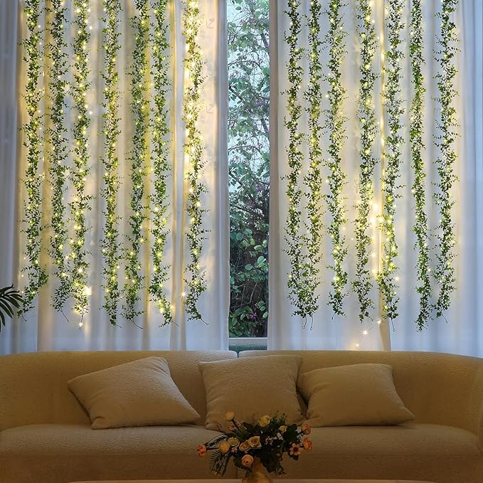 Dolicer 3 Packs Eucalyptus Garland with LED Lights String, 18FT Faux Eucalyptus Greenery Garland, Artificial Hanging Green Eucalyptus Leaves Vine Wedding Backdrop Arch Wall Table Decor (Grey Green)