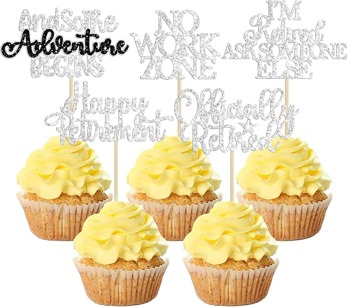 Gyufise 30Pcs Happy Retirement Cupcake Toppers Officially Retired No Work Zone Adventure Begins Cupcake Picks for Retirement Theme Farewell Birthday Party Cake Decorations Supplies Silver