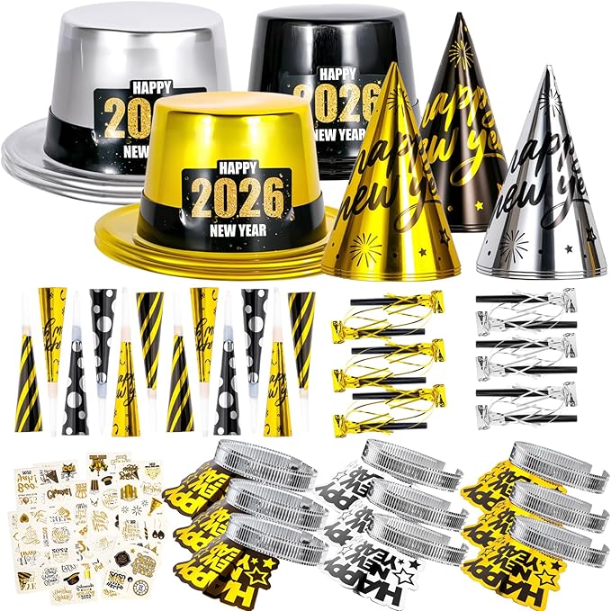 2026 New Years Eve Party Supplies, 60 Pcs New Year Eve Party Hats and Horns, Headband, Tattoos, Blowouts 2026 New Year Party Favors