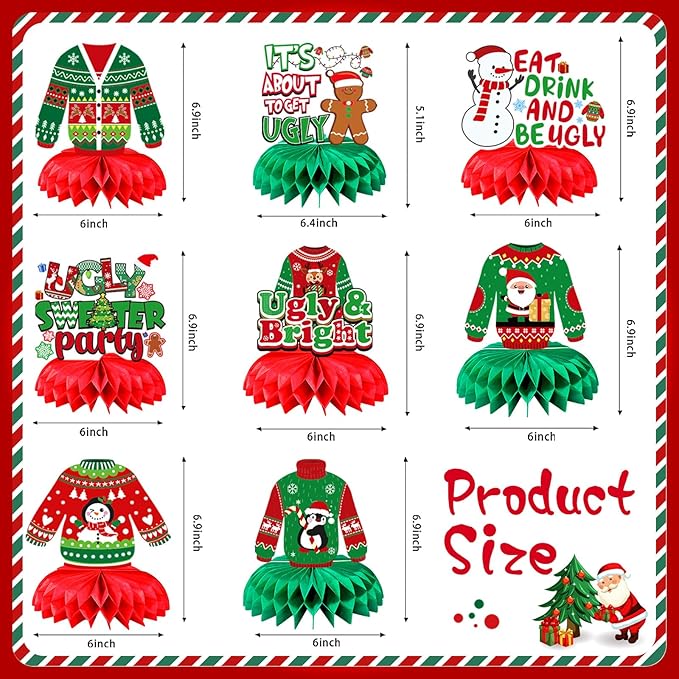 JULMELON 8PCS Ugly Sweater Party Decorations Honeycomb Centerpieces, Ugly Sweater Christmas Party Centerpieces for Tables Ugly Sweater Table Decor 3D Table Toppers for Christmas Winter Party Supplies