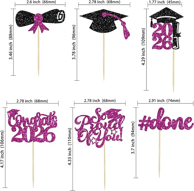 Gyufise 24Pcs Graduation Cupcake Toppers 2026 Purple Glitter Class of 2026 Cupcake Toppers So Proud of You Congrats Grad Cap Diploma Cupcake Picks for Graduation Party Decorations