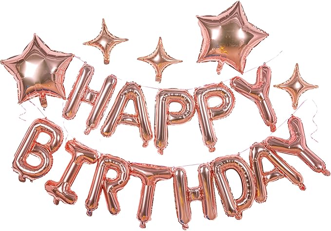 23pcs Birthday Balloons Banner, 3D Rose Gold Mylar Foil Letter Happy Birthday Banner with 5pcs Star Balloons Kits for Kids Girls Boys Men Adults Birthday Party Decorations Supplies