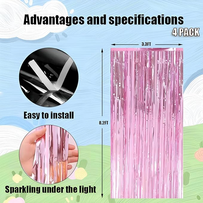 Valentines Day 4 Pack 3.3 * 8.3 ft Foil Curtain Metallic Tinsel Fringe Curtains Photo Booth Props Backdrop for Birthday Wedding Engagement Baby Shower Christmas Holiday Celebration Partyl,Pink