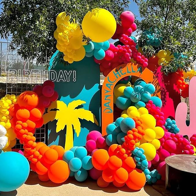 Summer Tropical Balloon Arch Garland Kit, Rainbow Colorful Pink Green Blue Yellow Orange Balloon Garland Kit with Hawaii Balloons for Hawaiian Luau Aloha Birthday Baby Shower Pool Party Decorations