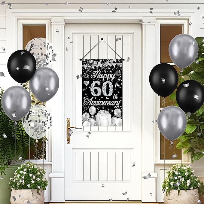 60th Anniversary Decorations Small Banner Black Silver Happy 60th Anniversary Door Hanging Banner Porch Front Door Decor for Women Men 60 Years Diamond Wedding Anniversaries Cruise Door Sign Supplies