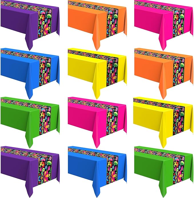 Oudain 12 Pcs Fiesta Tablecloth 108 x 54 Inch Plastic Tablecover Mexican Waterproof Tablecloth Disposable Table Cover for Taco Night Festive Mexican Fiesta Wedding Party Decoration (Colorful)